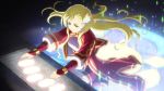  1girl artist_request blonde_hair boots closed_mouth floating_hair green_eyes hair_ornament kneeling long_hair magic mileena_weiss official_art red_footwear red_skirt skirt smile solo tales_of_(series) tales_of_the_rays 