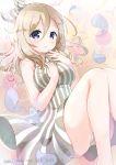  1girl :d aoyama_blue_mountain blonde_hair blue_eyes blush bow breasts collared_dress commentary_request dated dress eyebrows_visible_through_hair gochuumon_wa_usagi_desu_ka? hair_between_eyes hair_bow hand_on_own_chest knees_together_feet_apart large_breasts long_hair looking_at_viewer multicolored multicolored_background neki_(wakiko) open_mouth panties pantyshot parted_lips petals smile solo striped striped_bow striped_dress teeth twitter_username underwear white_panties wing_collar 