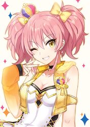  1girl ;d asymmetrical_sleeves bow breasts choker cleavage collarbone crown detached_sleeves eyebrows_visible_through_hair grin hair_between_eyes hair_bow idolmaster idolmaster_cinderella_girls jewelry jougasaki_mika long_hair medium_breasts mini_crown nail_polish one_eye_closed open_mouth party_time_gold pink_hair pink_nails ring simple_background smile solo tong1494 twintails upper_body white_background yellow_bow yellow_eyes 