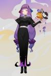  1girl alternate_costume argyle bangs belt black_dress black_footwear black_gloves blue_ribbon blunt_bangs character_name crescent crescent_hair_ornament dress elbow_gloves facial_mark fingerless_gloves full_body gloves hair_ornament hair_ribbon highres hillly_(maiwetea) looking_at_viewer patchouli_knowledge purple_hair purple_ribbon red_ribbon ribbon solo standing touhou violet_eyes 