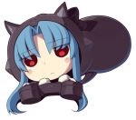  1girl :&lt; animal_ears blue_hair blush_stickers chibi closed_mouth controller cosplay eyebrows_visible_through_hair game_controller highres himouto!_umaru-chan jitome kagetsu_tooya komaru komaru_(cosplay) len looking_at_viewer lying melty_blood on_stomach red_eyes solo transparent_background tsukihime 