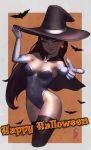  1girl absurdres alternate_costume alternate_eye_color animal_print bat breasts brooch brown_hair brown_legwear bunny_brooch bunny_print cape cleavage covered_navel cowboy_shot d.va_(overwatch) earrings elbow_gloves eyelashes eyeliner facepaint facial_mark finger_gun gloves glowing glowing_eyes glowing_jewelry halloween_costume hand_on_headwear happy_halloween hat highres jack-o&#039;-lantern jack-o&#039;-lantern_earrings jewelry leotard long_hair looking_at_viewer makeup medium_breasts orange_background orange_eyes overwatch parted_lips pink_lips pointing pointing_at_viewer shinra_(baby80526) signature smile solo strapless strapless_leotard thigh-highs whisker_markings white_border white_gloves witch witch_hat 