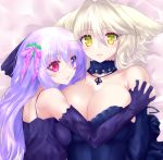 2girls absurdres animal_ears asymmetrical_docking bangs bare_shoulders blonde_hair blue_eyes blue_hair blush breast_press breasts closed_mouth detached_collar dress elbow_gloves eyebrows_visible_through_hair gloves hair_between_eyes hair_ribbon hand_holding hands_clasped heterochromia highres hug interlocked_fingers large_breasts looking_at_viewer lying medium_breasts minarai_tenna multiple_girls on_back on_bed original parted_lips pink_eyes pink_ribbon purple_dress purple_gloves ribbon slit_pupils yellow_eyes 