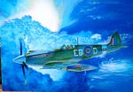  1boy absurdres acrylic_paint_(medium) aircraft airplane blue_sky calligraphy_brush_(medium) clouds commentary_request day flying goggles goggles_on_head hayashi_toshihiro helmet highres military outdoors photo sky solo spitfire_(airplane) traditional_media world_war_ii 