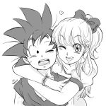  1boy 1girl ;d age_difference black_eyes black_hair bra_(dragon_ball) bracelet character_name dougi dragon_ball dragon_ball_gt earrings eyebrows_visible_through_hair greyscale hair_ribbon heart hug hug_from_behind jewelry looking_at_another looking_at_viewer miiko_(drops7) monochrome nervous one_eye_closed open_mouth ribbon smile son_gokuu spiky_hair 