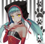  1girl aqua_hair bangs bibboss39 blunt_bangs cat_food_(vocaloid) choker detached_sleeves finger_to_mouth hat hatsune_miku highres long_hair looking_at_viewer nail_polish solo striped striped_background twintails twitter_username vertical-striped_background vertical_stripes vocaloid yellow_eyes 