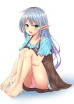  1girl absurdres barefoot blue_shirt blush brown_dress collarbone elf eyebrows_visible_through_hair feet green_eyes grey_hair highres long_hair looking_at_viewer open_mouth original pantyshot phano_(125042) pink_panties pointy_ears sitting sitting_pantyshot smile solo 