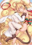  1girl anchira_(granblue_fantasy) bangs bare_shoulders barefoot blonde_hair blush breasts detached_sleeves erun_(granblue_fantasy) etan14 feet granblue_fantasy hairband highres long_sleeves lying monkey_ears monkey_tail on_side parted_lips revealing_clothes short_hair sleeping small_breasts solo tail thigh-highs white_legwear wide_sleeves 