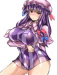  1girl :&lt; bangs blue_bow blunt_bangs bow breast_hold breasts capelet cowboy_shot dress hair_bow half-closed_eyes hat large_breasts long_hair mob_cap ototobe patchouli_knowledge purple_dress red_bow shiny shiny_hair short_dress simple_background sketch solo striped striped_dress touhou white_background 