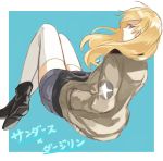  1girl blonde_hair blue_background boots dog_tags girls_und_panzer hands_in_pockets kay_(girls_und_panzer) long_hair looking_at_viewer outside_border saunders_military_uniform shorts sketch solo thigh-highs white_border white_legwear yuuyu_(777) 