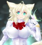  1girl absurdres ahoge blonde_hair blue_eyes blurry blurry_background blush breasts butterfly butterfly_on_hand commentary_request depth_of_field eyebrows_visible_through_hair gloves hair_between_eyes hair_intakes hand_up highres juliet_sleeves large_breasts long_hair long_sleeves looking_at_viewer minarai_tenna neck_ribbon original parted_lips puffy_sleeves red_neckwear red_ribbon ribbon shirt short_hair smile tail upper_body white_gloves white_shirt 