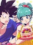  1girl 2boys :o :p bare_shoulders black_eyes black_hair blue_eyes blue_hair bra_(dragon_ball) cake dougi dragon_ball dress eyebrows_visible_through_hair father_and_daughter food looking_at_another miiko_(drops7) multiple_boys open_mouth ponytail smile son_gokuu spiky_hair star surprised sweatdrop tongue tongue_out twitter_username vegeta wristband yellow_dress 