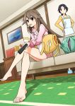  2girls absurdres apron bare_legs barefoot blue_(pokemon) brown_eyes brown_hair bulbasaur commentary_request controller cookie couch feet food food_in_mouth full_body hands_on_hips highres indoors legs_crossed living_room long_hair magikarp mother_(pokemon) mother_and_daughter multiple_girls pajamas pokemon pokemon_(creature) pokemon_(game) pokemon_frlg pokemon_rgby pov remote_control sitting sleeping slippers stuffed_toy toes 