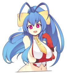  1girl antenna_hair backless_outfit bare_shoulders blazblue blazblue:_central_fiction blazblue_variable_heart blue_hair blush bow breast_hold breast_lift breasts fizintine genderswap genderswap_(mtf) gloves hair_between_eyes hair_bow halter_top halterneck hand_up heart highres large_breasts long_hair looking_at_viewer mai_natsume midriff navel no_bra open_mouth ponytail red_gloves revealing_clothes ribbon sidelocks smile solo stomach upper_body very_long_hair violet_eyes yellow_bow 