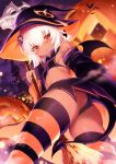  1girl :o ass bangs bare_shoulders bat bat_wings black_wings blush breasts broom colored_stripes commentary_request copyright_request dark_skin demon_girl detached_sleeves from_behind from_below halloween hat highres holding holding_broom jacket long_sleeves m-da_s-tarou panties parted_lips pumpkin purple_hat purple_panties purple_skirt purple_sky red_eyes short_hair silver_hair skirt skull small_breasts standing striped striped_legwear thigh-highs thighs tsurime twisted_torso underwear upskirt wings witch_hat 