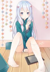  1girl absurdres bent_knees between_legs black_legwear blue_eyes bow chaji_xiao_bai closed_mouth covering covering_crotch dated eromanga_sensei feet green_jacket hair_bow hair_ornament hair_ribbon hand_between_legs highres indoors izumi_sagiri jacket light_blush long_hair long_sleeves looking_away no_shoes panties pantyshot ribbon shadow signature sitting sleeves_past_wrists speaker tablet_pc thigh-highs thighs track_jacket tress_ribbon underwear wall white_legwear white_panties wooden_floor zipper 