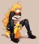  1girl ahoge blonde_hair blush breasts cleavage collar highres large_breasts long_hair ndgd_(bean1215) rwby solo spiked_collar spikes tears thigh-highs violet_eyes yang_xiao_long 