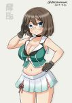  &gt;:) 1girl adjusting_eyewear bare_shoulders bespectacled black_gloves black_neckwear blue_eyes blush breasts brown_hair choker cleavage closed_mouth cowboy_shot dated glasses gloves gradient_clothes gradient_skirt green_vest grey_background hand_on_hip hand_up kantai_collection large_breasts looking_at_viewer masara_(masalucky2010) maya_(kantai_collection) miniskirt navel no_hat no_headwear pleated_skirt remodel_(kantai_collection) rimless_eyewear short_hair simple_background skirt sleeveless smile solo standing stomach thighs twitter_username vest 