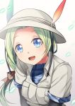  1girl :d black_gloves blue_eyes breast_pocket bucket_hat dot_nose elbow_gloves eyebrows_visible_through_hair gloves green_hair hair_ribbon hat hat_feather head_tilt highres kemono_friends long_hair looking_at_viewer mirai_(kemono_friends) no_eyewear open_mouth pocket ponytail ribbon simple_background smile solo upper_body white_hat yasume_yukito 