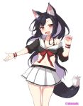  1girl akenoin_soumon animal_ears azur_lane black_bra black_hair bra breasts cleavage crop_top fang long_hair looking_at_viewer midriff navel off_shoulder open_mouth pleated_skirt red_eyes shigure_(azur_lane) skirt smile solo tail underwear white_background white_skirt wolf_ears wolf_tail 