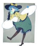  1girl aoi_(annbi) aqua_eyes aqua_hair black_hat black_legwear bow bright_pupils closed_mouth frilled_skirt frilled_sleeves frills full_body green_skirt grey_background hat hat_bow highres komeiji_koishi long_sleeves looking_at_viewer no_shoes pantyhose shirt skirt smile solo standing touhou wide_sleeves yellow_bow yellow_shirt 