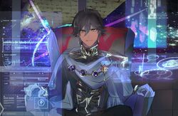  1boy black_hair cape dark_skin dark_skinned_male earrings fate/grand_order fate/prototype fate/prototype:_fragments_of_blue_and_silver fate_(series) galactic_empire_(gin&#039;eiden) ginga_eiyuu_densetsu gloves highres holographic_interface jewelry male_focus military military_uniform rider_(fate/prototype_fragments) sitting solo uniform white_gloves yellow_eyes 