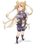  1girl abukuma_(kantai_collection) artist_name bangs bike_shorts black_footwear black_gloves black_jacket blonde_hair blue_eyes boots buttons commentary double_bun gloves grey_sailor_collar hair_between_eyes hair_rings hands_on_hips jacket kantai_collection knee_boots long_hair looking_up mogamiya_honu neck_ribbon pleated_skirt red_ribbon remodel_(kantai_collection) ribbon school_uniform serafuku short_sleeves shorts_under_skirt skirt smile solo standing very_long_hair 