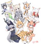  6+girls :3 animal_ears arm_up armor armpits ascot bare_shoulders black_eyes black_gloves black_hair black_jacket black_legwear black_neckwear black_skirt blonde_hair blue_eyes bow bowtie brown_eyes brown_hair brown_legwear brown_neckwear caracal_(kemono_friends) caracal_ears caracal_tail collared_shirt common_raccoon_(kemono_friends) crossed_arms elbow_gloves extra_ears eyebrows_visible_through_hair fang fennec_(kemono_friends) fox_ears fox_tail fur_collar gazelle_ears gazelle_horns gazelle_tail glasses gloves green_hair grey_hair grey_shirt hair_between_eyes hair_bow hat hat_feather head_wings high-waist_skirt highres horns jacket japanese_crested_ibis_(kemono_friends) kemono_friends long_hair long_sleeves looking_at_viewer miniskirt mirai_(kemono_friends) multicolored multicolored_clothes multicolored_hair multicolored_legwear multiple_girls open_mouth orange_eyes pantyhose pleated_skirt print_gloves print_legwear print_neckwear print_skirt raccoon_ears raccoon_tail red_legwear redhead rhinoceros_ears serval_(kemono_friends) serval_ears serval_print serval_tail shirt short_hair short_sleeves silver_fox_(kemono_friends) silver_hair simple_background skirt sleeveless smile tail tail_feathers tatsuno_newo thigh-highs thomson&#039;s_gazelle_(kemono_friends) translated very_long_hair white_background white_hair white_legwear white_rhinoceros_(kemono_friends) white_skirt wide_sleeves yellow_eyes yellow_neckwear zettai_ryouiki 
