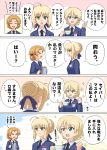  &gt;_&lt; 3girls ahoge artoria_pendragon_(all) bangs black_bow black_neckwear blonde_hair blue_eyes blue_sweater bow braid closed_eyes comic command_spell commentary cup darjeeling dress_shirt emblem eyebrows_visible_through_hair fate_(series) flying_sweatdrops girls_und_panzer green_eyes hair_bow highres long_sleeves looking_at_viewer multiple_girls necktie omachi_(slabco) open_mouth orange_hair orange_pekoe saber saucer school_uniform shirt short_hair smile sparkle st._gloriana&#039;s_(emblem) st._gloriana&#039;s_school_uniform standing sweater teacup teapot tied_hair twin_braids v-neck white_shirt 