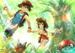  1boy 1girl backpack bag black_hair braid breasts brown_eyes chemise chinchongcha cleavage day forest hand_holding hat highres holding holding_poke_ball litten medium_breasts mizuki_(pokemon_ultra_sm) nature poke_ball pokemon pokemon_(creature) pokemon_(game) pokemon_ultra_sm rowlet satchel shorts sun_hat tank_top twin_braids you_(pokemon_ultra_sm) 