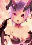  1girl absurdres bare_shoulders blush breasts bustier cleavage collar demon_horns earrings elbow_gloves eyes_visible_through_hair gloves hair_over_one_eye halterneck highres horns jewelry large_breasts lavender_hair looking_at_viewer miu_(umaru_katia_no_hito) open_mouth oskulolu pointy_ears shironeko_project short_hair smile solo upper_body v violet_eyes 