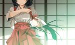  1girl black_hair head_out_of_frame highres japanese_clothes long_hair miko original shikei solo standing wind 