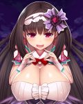  1girl asamura_hiori bad_anatomy bad_proportions bangs blush breasts brown_hair cleavage eyebrows_visible_through_hair fate/grand_order fate_(series) fingerless_gloves gloves hair_ornament hands_up highres huge_breasts long_hair looking_at_viewer nervous_smile open_mouth osakabe-hime_(fate/grand_order) sidelocks smile solo tears upper_body very_long_hair violet_eyes white_gloves 
