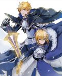  1boy 1girl ahoge armor artoria_pendragon_(all) blonde_hair breastplate fate/grand_order fate/prototype fate/stay_night fate_(series) faulds gauntlets greaves green_eyes long_hair pauldrons saber saber_(fate/prototype) short_hair smile sword weapon 