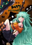  1girl bat_wings broom capelet date_a_live from_side frown green_eyes green_hair halloween hat highres holding holding_broom kneehighs long_hair looking_at_viewer natsumi_(date_a_live) navel solo striped striped_legwear thigh-highs very_long_hair wings witch_hat 