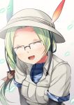  1girl :d ^_^ black-framed_eyewear black_gloves breast_pocket bucket_hat closed_eyes dot_nose elbow_gloves eyebrows_visible_through_hair glasses gloves green_hair hair_ribbon hat hat_feather head_tilt highres kemono_friends long_hair looking_at_viewer mirai_(kemono_friends) open_mouth over-rim_eyewear pocket ponytail ribbon semi-rimless_eyewear simple_background smile solo upper_body white_hat yasume_yukito 