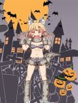  1girl animal_ears bandaid bandaid_on_face bat bikini_top blonde_hair boots building commentary_request cross fang full_moon fur_bikini fur_boots fur_collar fur_trim gloves halloween_costume hands_up happy_halloween hat jack-o&#039;-lantern kantai_collection looking_at_viewer moon navel night oboro_(kantai_collection) open_mouth shino_(ponjiyuusu) short_hair shorts solo tail tree window witch_hat wolf_ears wolf_tail yellow_eyes 