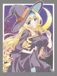  1girl blonde_hair blue_eyes cecilia_alcott crescent_moon halloween halloween_costume hat infinite_stratos long_hair looking_at_viewer moon smile solo wand witch witch_hat 