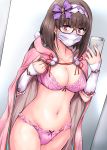  1girl bangs bikini bra breasts brown_hair cellphone cloak collarbone commentary_request cowboy_shot eyebrows_visible_through_hair fate/grand_order fate_(series) frilled_bra frilled_panties frills glasses hair_ribbon hairband hands_up highres indoors large_breasts long_hair marugoshi_(54burger) mask medium_breasts navel osakabe-hime_(fate/grand_order) panties phone pink_bra pink_panties pom_pom_(clothes) purple-framed_eyewear ribbon self_shot sidelocks smartphone smile surgical_mask swimsuit thighs under-rim_eyewear underwear very_long_hair violet_eyes 