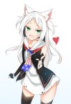  1girl :3 american_flag american_flag_print animal_ears azur_lane bangs black_gloves black_legwear blush cat_ears dress elbow_gloves fang fingerless_gloves flag_print gloves gradient gradient_background green_eyes heart long_hair looking_at_viewer parted_bangs sailor_collar short_dress sims_(azur_lane) sleeveless_jacket smile solo thigh-highs two_side_up unzipped white_dress white_hair wrist_cuffs xialuluo_(sharuro) zettai_ryouiki 