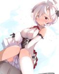  1girl ahoge arm_belt azur_lane bare_shoulders black_skirt bolt breasts detached_sleeves dutch_angle hair_over_one_eye highres kneehighs knees_together_feet_apart large_breasts looking_at_viewer maosame miniskirt red_eyes red_ribbon ribbon short_hair simple_background single_kneehigh sitting skirt sleeves_past_wrists solo stitches terror_(azur_lane) white_background white_hair white_legwear 