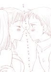  1boy 1girl artist_name bangs blush breasts buttons closed_eyes couple diane_(nanatsu_no_taizai) greyscale harumiya imminent_kiss king_(nanatsu_no_taizai) medium_breasts monochrome nanatsu_no_taizai sweatdrop 