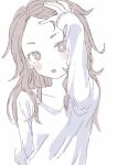  1girl :o absurdres blue_shirt blush brown_eyes brown_hair commentary_request fingernails forehead hand_on_own_head head_tilt highres long_hair long_sleeves looking_at_viewer pale_color parted_lips shirt simple_background solo upper_body white_background yamamoto_souichirou 