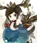  1girl antlers arulumaya bare_shoulders bent_over blush_stickers boots brown_eyes brown_hair christmas commentary dress fur_trim gloves granblue_fantasy high_heel_boots high_heels horn_ornament looking_at_viewer paprika_shikiso santa_costume smile solo sparkle standing standing_on_one_leg tiara 