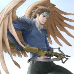  1boy black_gloves black_pants blue_eyes blue_shirt bow_(weapon) brown_hair crossbow earrings gloves gradient gradient_background headband holding holding_weapon jewelry looking_to_the_side necklace pants shirt solo standing tactics_ogre weapon windcaller 