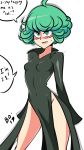  1girl bigdead93 black_dress blush breasts covered_navel cowboy_shot curly_hair dress english eyebrows_visible_through_hair green_eyes green_hair highres one-punch_man open_mouth pelvic_curtain short_hair side_slit small_breasts solo speech_bubble talking tatsumaki text 