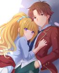  1boy 1girl ayanokouji_kiyotaka bangs blonde_hair blue_neckwear blue_shirt blunt_bangs blush brown_eyes brown_hair closed_mouth clothes_around_waist collared_shirt cowboy_shot dutch_angle eyebrows_visible_through_hair green_pants highres hug jacket jacket_around_waist karuizawa_kei light_particles long_hair long_sleeves looking_at_viewer multicolored multicolored_eyes necktie open_clothes open_jacket pants ponytail red_jacket sekina shirt standing violet_eyes white_shirt wing_collar youkoso_jitsuryoku_shijou_shugi_no_kyoushitsu_e 