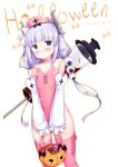  1girl :o artist_name bangs bare_shoulders blood blue_eyes blunt_bangs blush candy choker covered_navel cowboy_shot detached_sleeves eyeball eyebrows_visible_through_hair flat_chest food gradient_hair halloween hat highres holding horns kanna_kamui kobayashi-san_chi_no_maidragon leotard long_hair long_sleeves looking_at_viewer low-tied_long_hair low_twintails multicolored_hair nurse nurse_cap nyatrix parted_lips pink_hair pink_legwear pink_leotard pink_neckwear silver_hair simple_background sleeves_past_wrists solo standing strapless strapless_leotard syringe tareme thigh-highs twintails yellow_background 