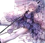  1girl absurdres bangs closed_mouth commentary_request dress eyebrows_visible_through_hair grey_hair hair_ornament highres holding holding_umbrella iijima_masashi japanese_clothes kimono long_dress long_hair long_sleeves looking_at_viewer oriental_umbrella sandals sitting solo thigh-highs umbrella violet_eyes white_legwear 