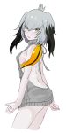  1girl akari04 arms_at_sides back backless_outfit bangs bare_arms bare_back bare_legs bare_shoulders black_hair breasts closed_mouth cowboy_shot drawstring dress from_side green_eyes grey_hair grey_sweater hair_between_eyes halterneck highres kemono_friends light_smile long_hair looking_at_viewer low_ponytail medium_breasts meme_attire multicolored_hair naked_sweater open-back_dress orange_hair pale_skin ribbed_sweater shoebill_(kemono_friends) side_ponytail sideboob simple_background sleeveless sleeveless_dress sleeveless_turtleneck solo sweater sweater_dress tsurime turtleneck turtleneck_sweater virgin_killer_sweater white_background 